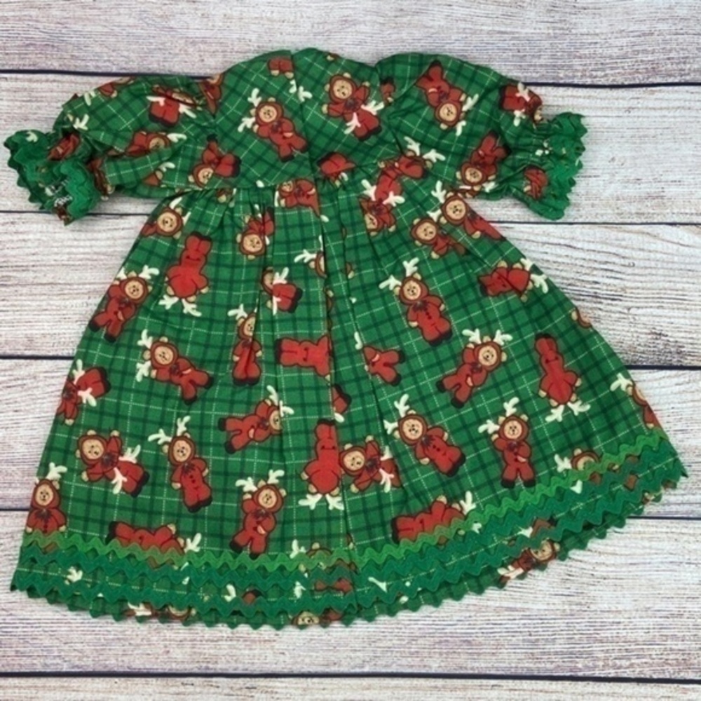 Handmade Vintage Doll Dress Green Red Teddy Bear Christmas Print Fabric - Picture 9 of 12